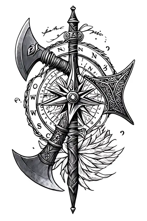 Nordic Sleave Tattoo With A Viking Axe And A Nordic Compass In A Hand Drawn Style