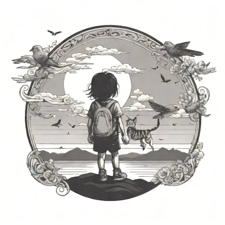 Can You Add A Pet Cat Next To The Child And Birds Around Tattoo's The Circle