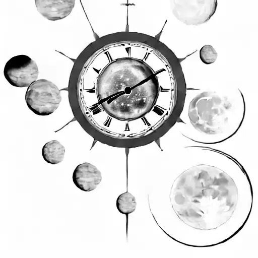 A Clock With Clouds And The Moon And Planets Around It