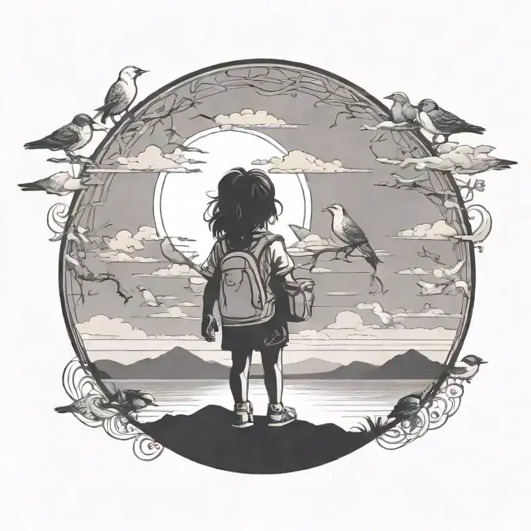 Can You Add A Pet Dog Sitting Next To The Child And Birds Around Tattoo's The Circle