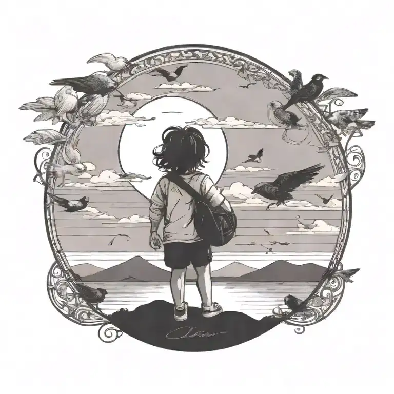 Can You Add A Pet Dog Sitting Next To The Child And Birds Around Tattoo's The Circle