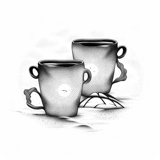 Two Mugs In Front Of A Sunrise Over The Beach All Closed In A Rectangle
