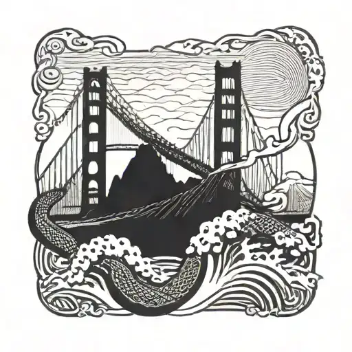 Traditional Asian Snake Wrapped Around The Golden Gate Bridge With Big Waves Crashing