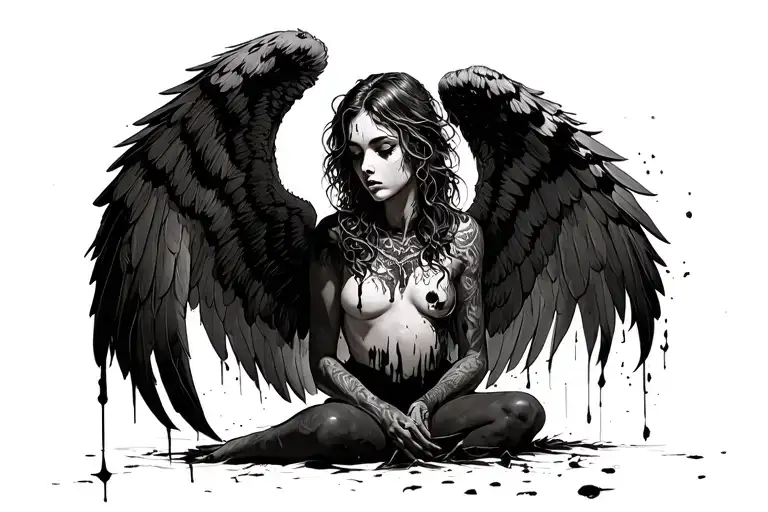 Fallen Angel With Cutoff Bloody Wings Holding