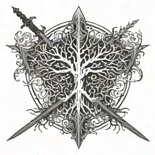 A Tree Groing With Branches With A Sword Going Throught The Center