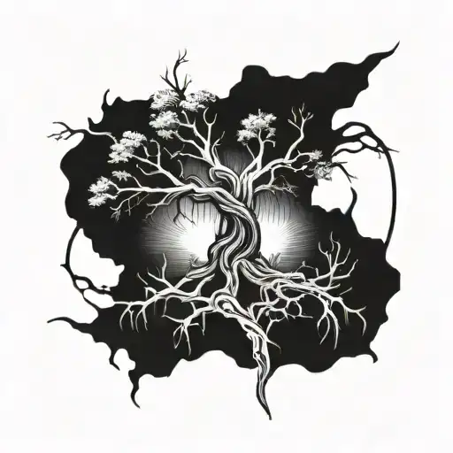 A Old Tree With Branches And Roots In The Center With A Sword Going Throught The Center