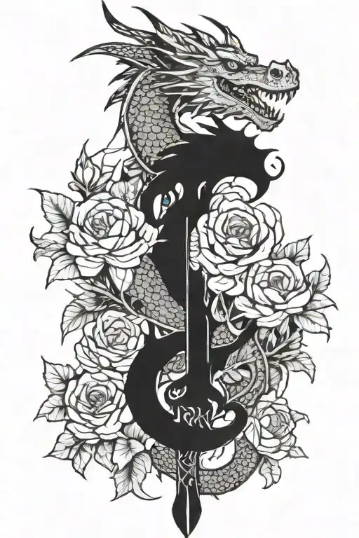 Dragon Around A Sword And Flowers Around It