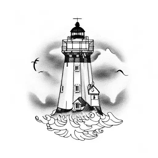 A Mesmerizing Blackwork Tattoo Of A Lighthouse Guiding A Ship In Stormy Seas