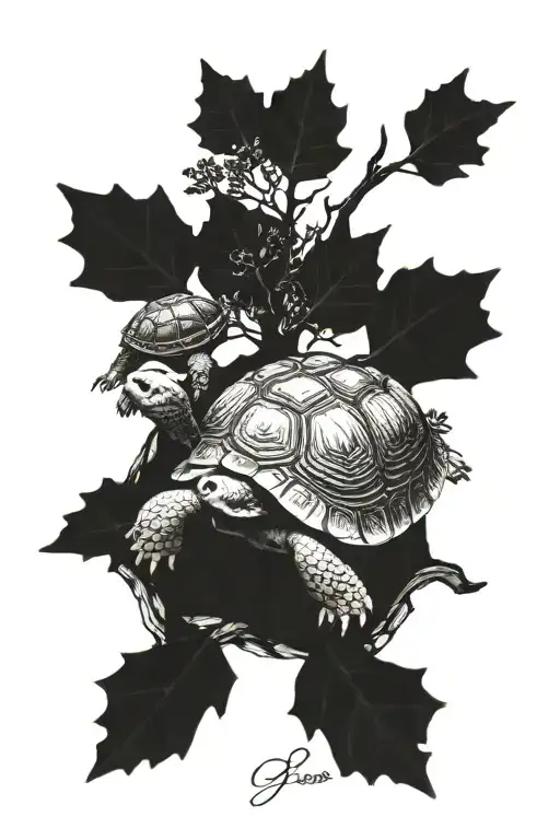 Small Tortoise Looking Up At Large Oak Tree With Tortoise Shell Design On Bark