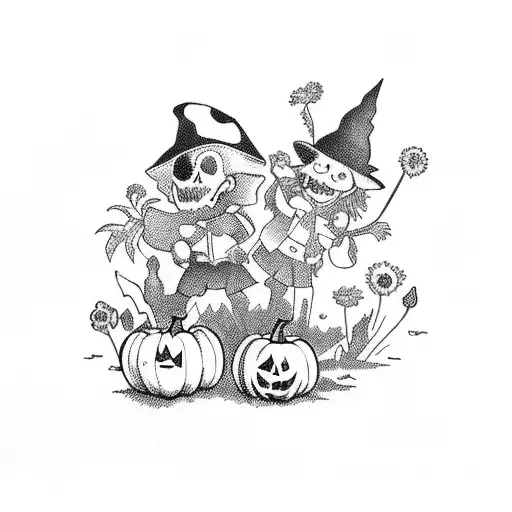 A Whimsical Scene Of Children Dressed As Halloween Characters Playing In A Field Of Flowers