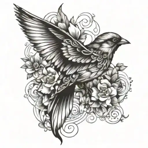 Sparrow Bird Fairy Wings Hybrid Creature In Patchwork Tatto