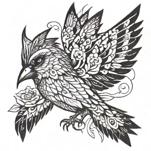 Sparrow Bird Fairy Face And Wings Hybrid Creature In Patchwork Tatto