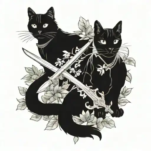 Two Black Cats As Knights With Swords And With Foliage