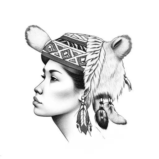 Young First Nations Woman With A Head Of A Bear As A Hat