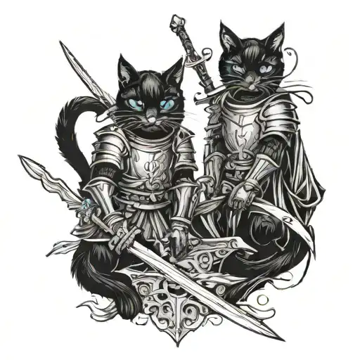 Two Black Cats As Knights With Swords