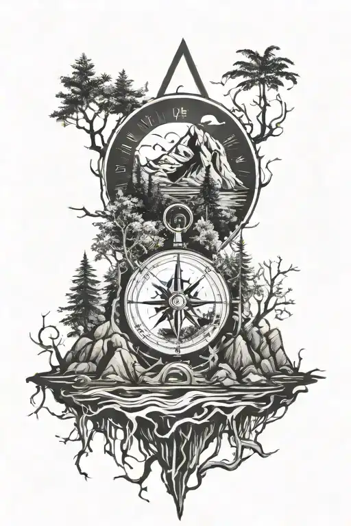 Mountains With Compass And Tree Roots Leading To It