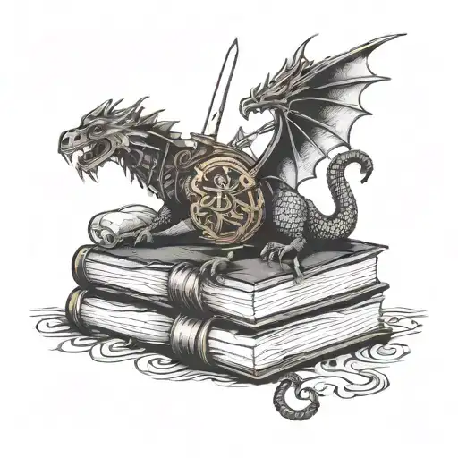 Small Book Stack With Dragon And Sword And Crown And Werewolf Head And Wand