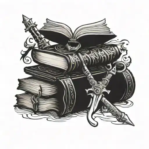 Small Book Stack With Flying Dragon And Sword And Crown And Werewolf Head And Wand