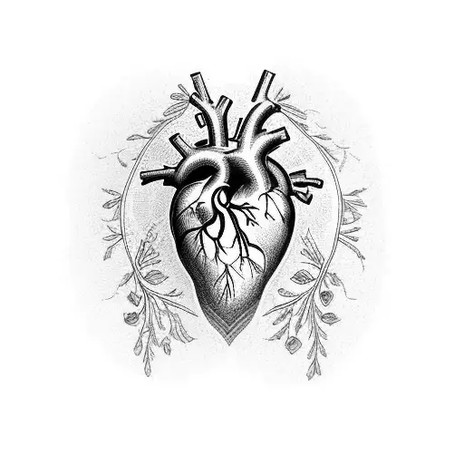 Anatomical Heart Surrounded By Delicate Floral Patterns