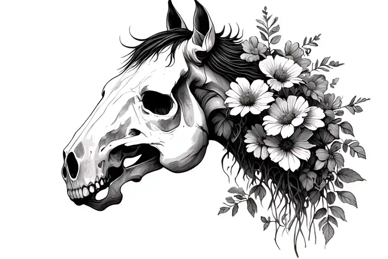 Only Dead Horse Head Skull With Dry Flowers Growing From It