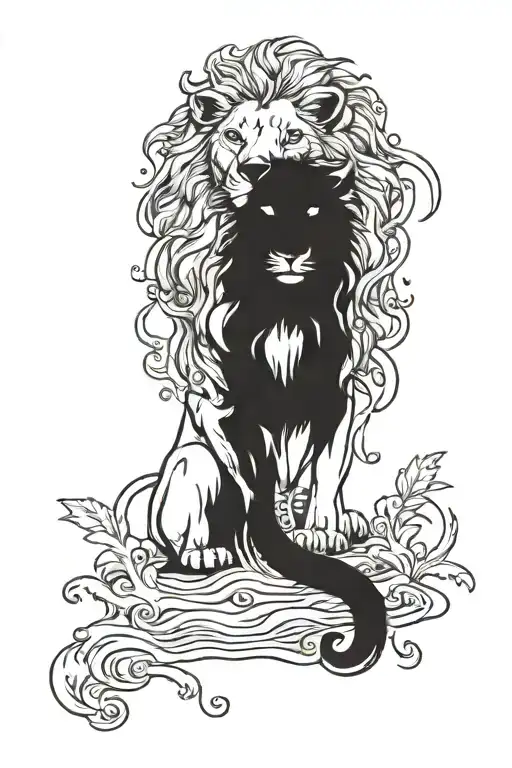 Tattoo Lion Watch Himself In A Puddle And Sees A Bunny