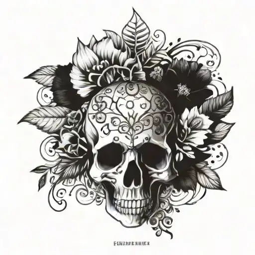 A Blackwork Tattoo Of A Skull Surrounded By Intricate Botanical Elements