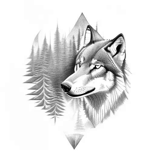 A Majestic Blackwork Tattoo Of A Wolf Walking Through A Dense Forest