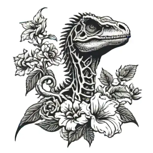 Velociraptor Skeleton With Flowers Blooming
