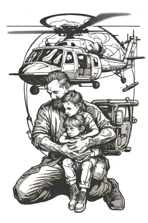 Father Like Angel With Young Daughter And Helicopter