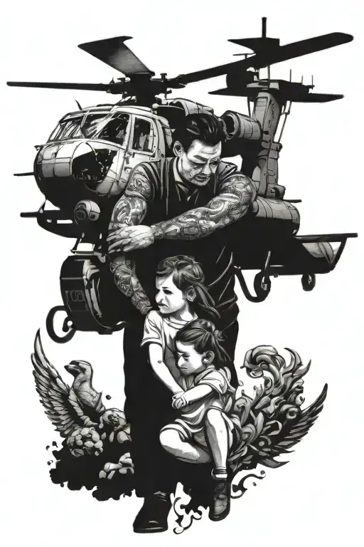 Father As Angel With Young Daughter And Helicopter