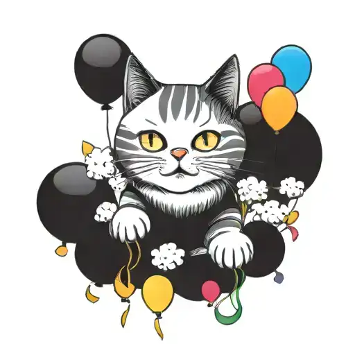 A Whimsical Design Featuring A Cloud-shaped Cat Playing With Colorful Balloons