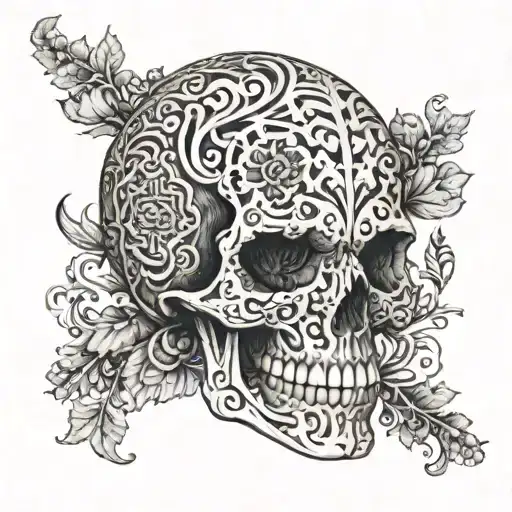 A Skull Adorned With Intricate Blackwork Patterns Inspired By The Natural World