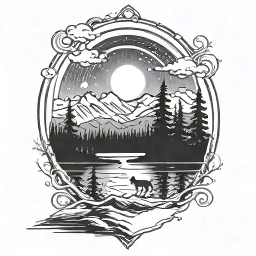 Northern Lights Above A Boreal Forest With A Lake Underneath