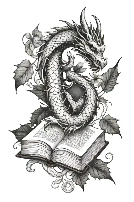 Dragon And Book And Leaves