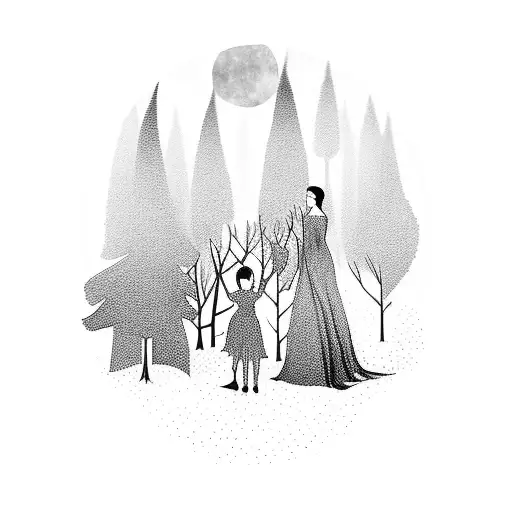 Enchanting Forest Scene With A Mother And Daughter Silhouette