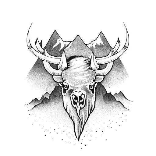 Bison Skull With Mountains