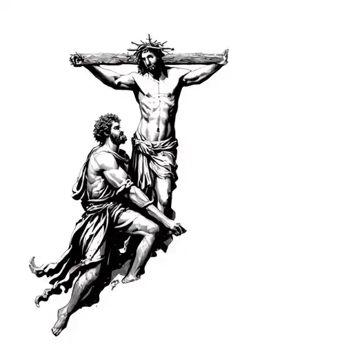 Christ At Top With Crown Of Thorns And Below St Michael In Battle Attire Casting Down