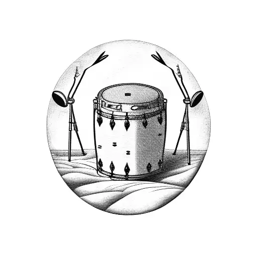 A Surrealistic Blackwork Tattoo Of A Drum Set Nestled Within A Mountain Range