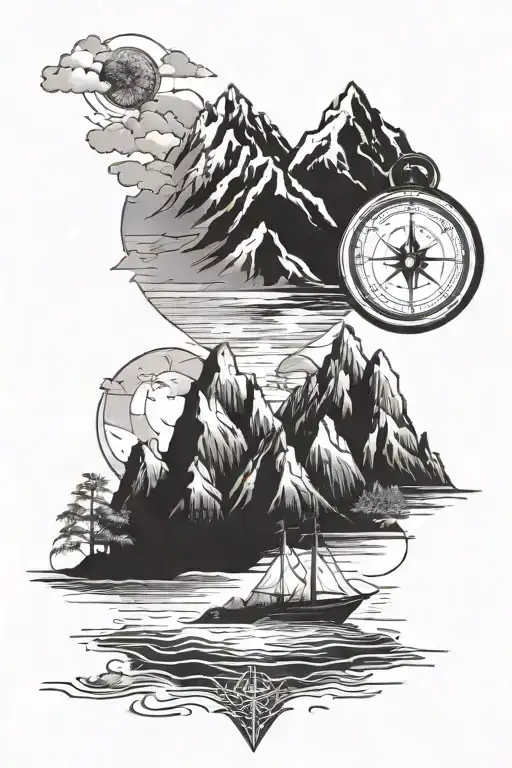 Mountains With Beach Landscape Featuring Compass