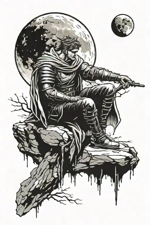 Guts Berserk Looking At Moon Representing Melancholia While Sitting On Rock