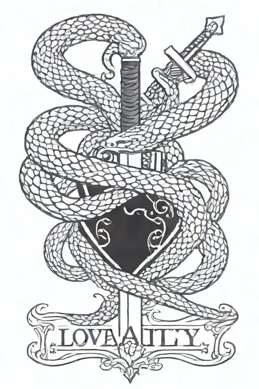 A Sword With A Snake Around It And On Top It Says Loyalty Then On The Bottom It Says Love