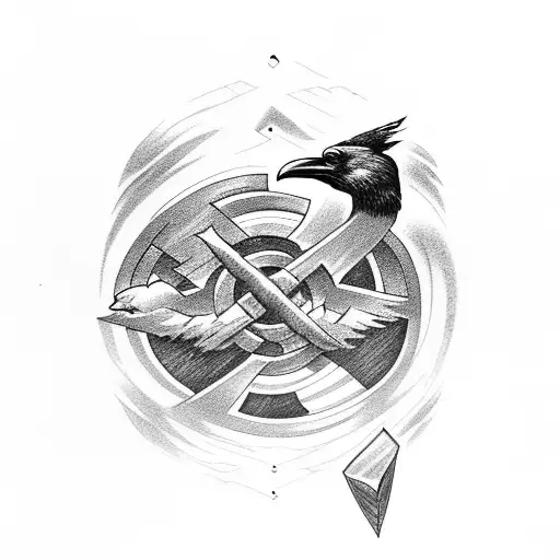 Thors Hammer With Ravens Flying And Nordic Aymbols On Bottom