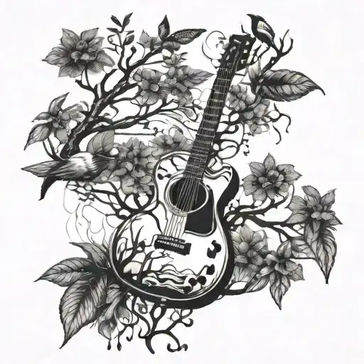 A Vintage Style Electric Guitar Surrounded By Peaceful Nature Elements Like Trees And Birds
