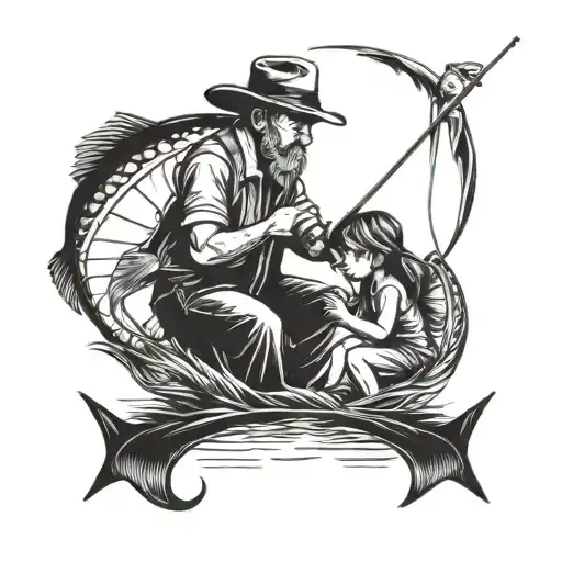 Dad And Daughter Fishing Scene