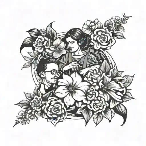 A Tattoo Design Of A Teacher Guiding A Group Of Diverse Students With Flowers Blooming Around Them