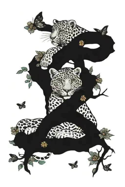 Leopard Laying In Tree Branch With Flowers And Butterflies Around It