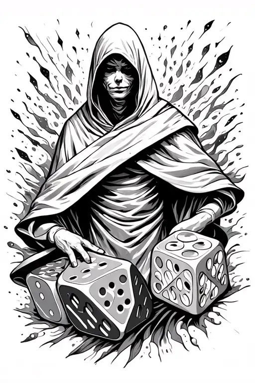 Cosmic Hooded Figure With Shrouded Face Emerge From Vortex Rolling Dice