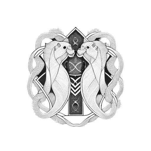 A Blackwork Tattoo Of Intertwined Gemini And Pisces Symbols Representing Your Love For Each Other