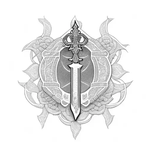 A Floral Sword Design Incorporating Religious Symbols In Blackwork Style
