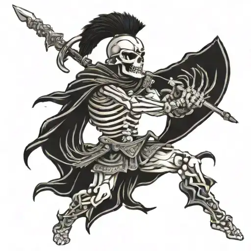 Dark Skeleton Greek Warrior In A Battle Pose With Cool Designs Going Down The Arm